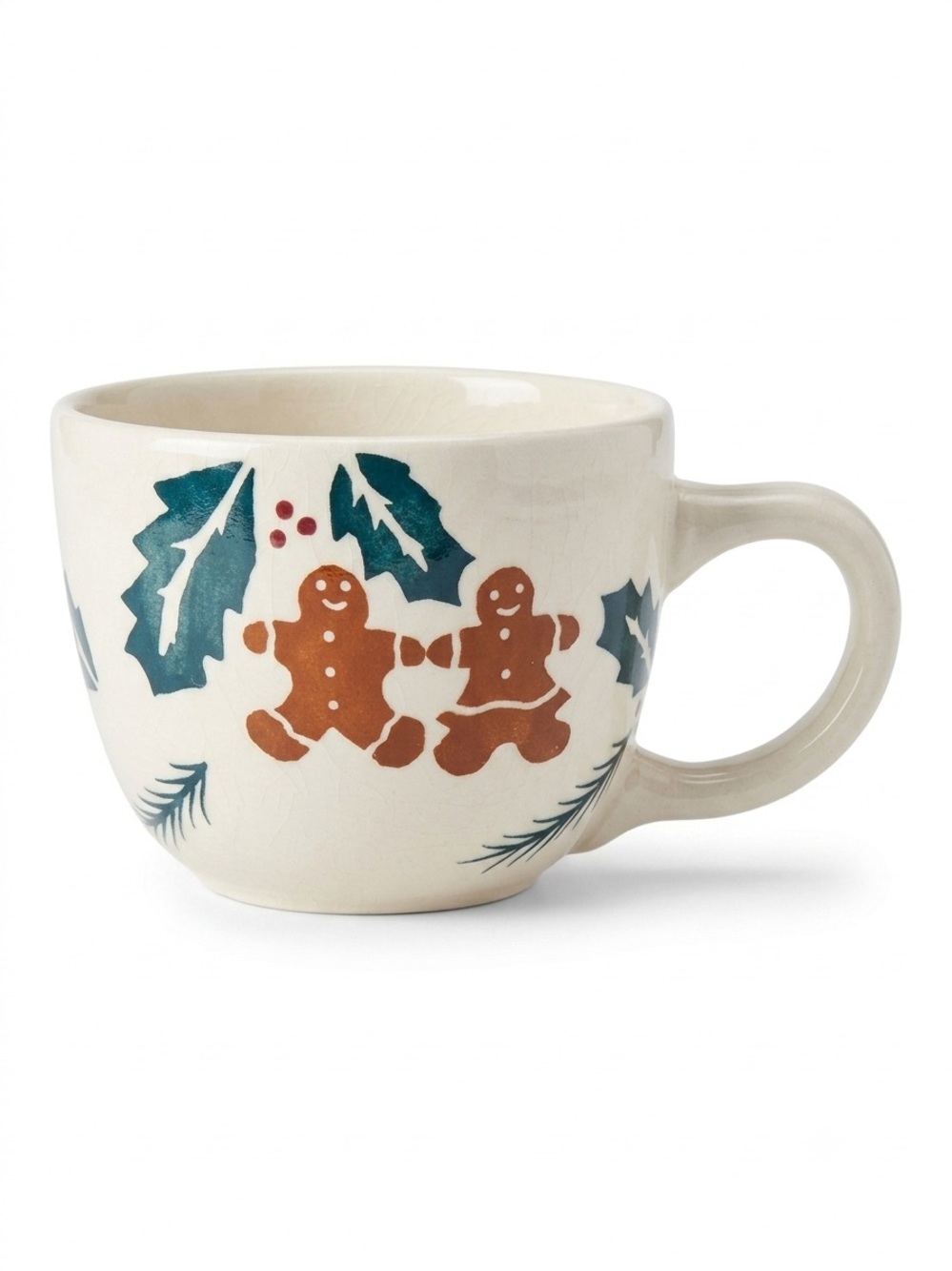 Holiday Gingerbread Ceramic Mug - Cream with Green & Brown Motif